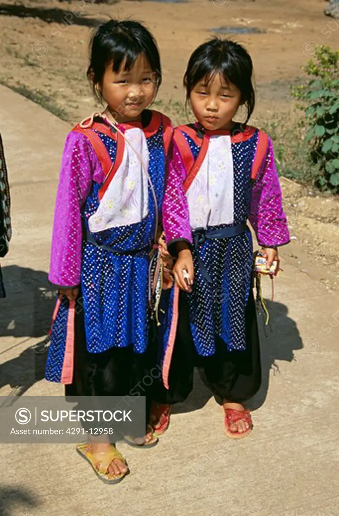 Two young girls from hill tribe, Pang Daeng Village, Chiang Dao, Chiang Mai Province, Northern Thailand