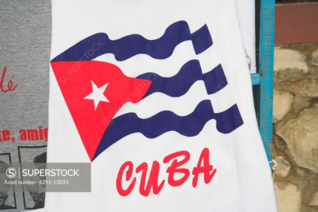 Cuban flag printed on a T-shirt in the Craft Market, Guardalavaca, Holguin Province, Cuba