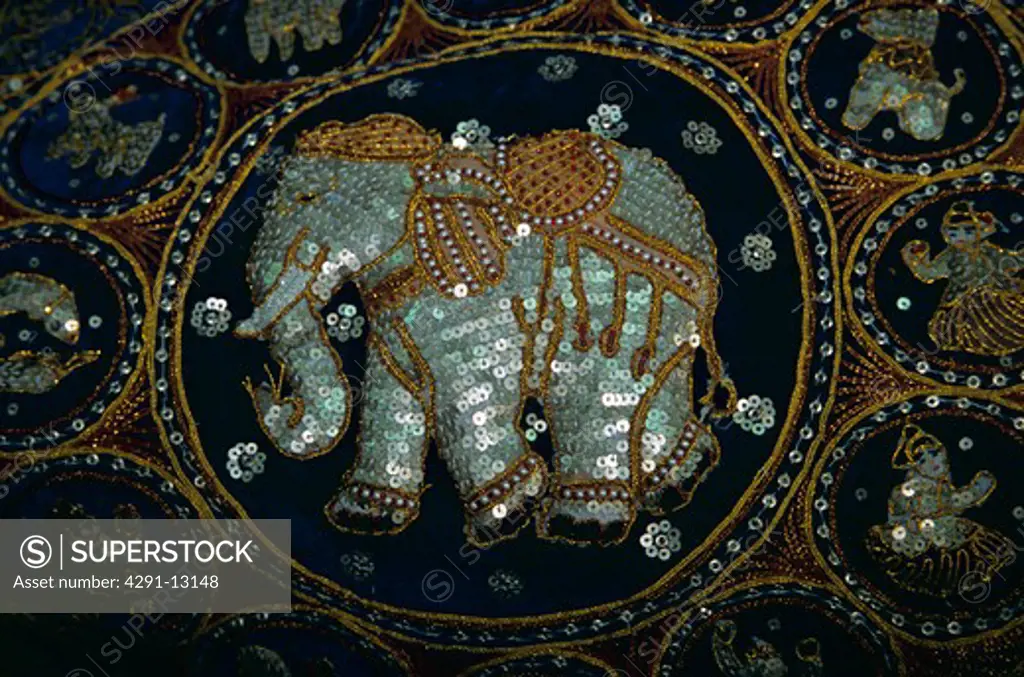 Sequin elephant design on cushion, Bangkok, Thailand
