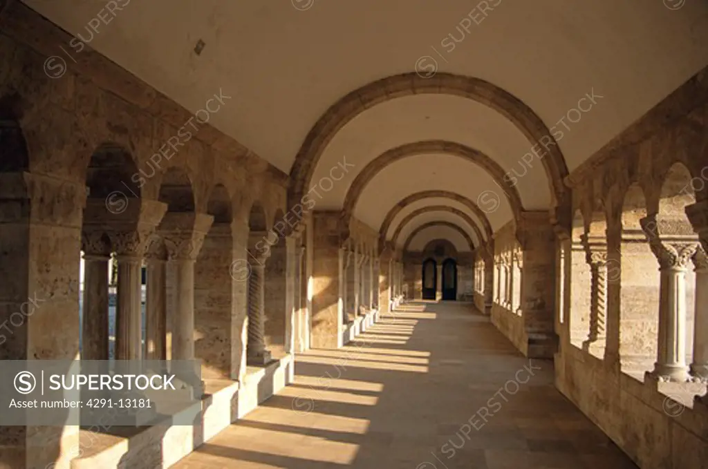 Fishermens Bastion Looking along enclosed arched cloistered area, Trinity Square, Castle Hill District, Budapest, Hungary