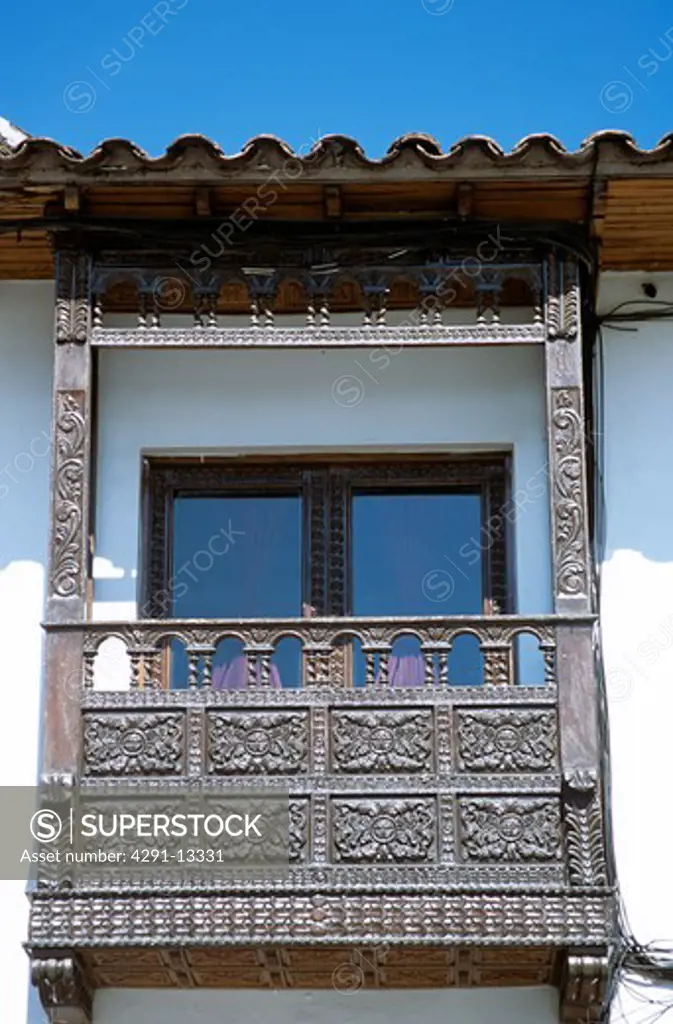 Typical carved wooden balcony, Cusco, Peru