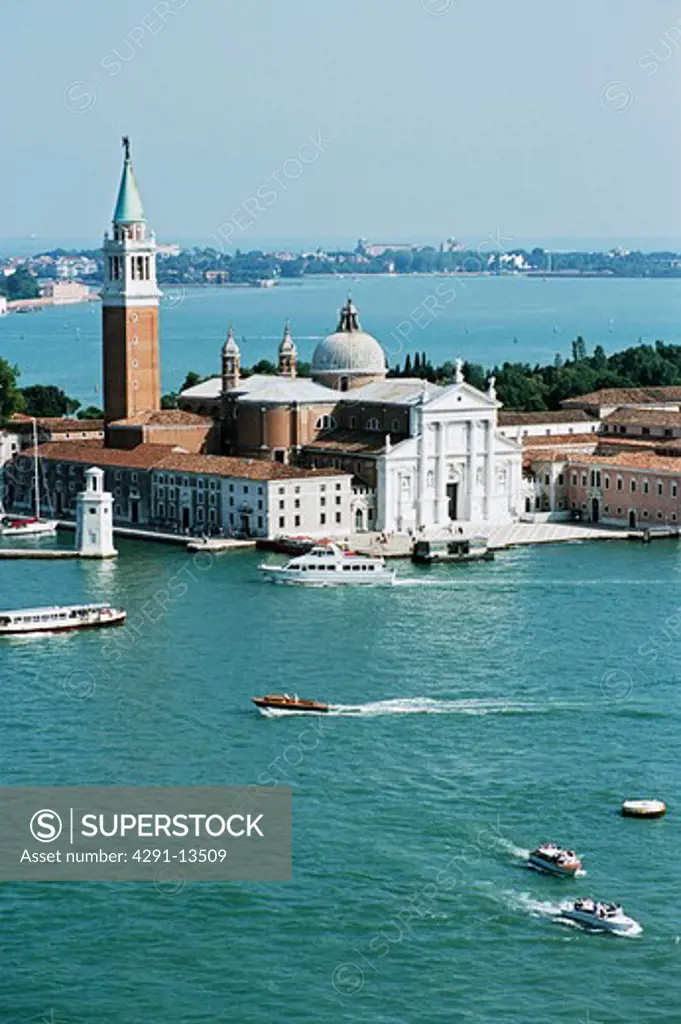 Aerial view of boats on the water in front of San Giorgio Maggiore in Venice