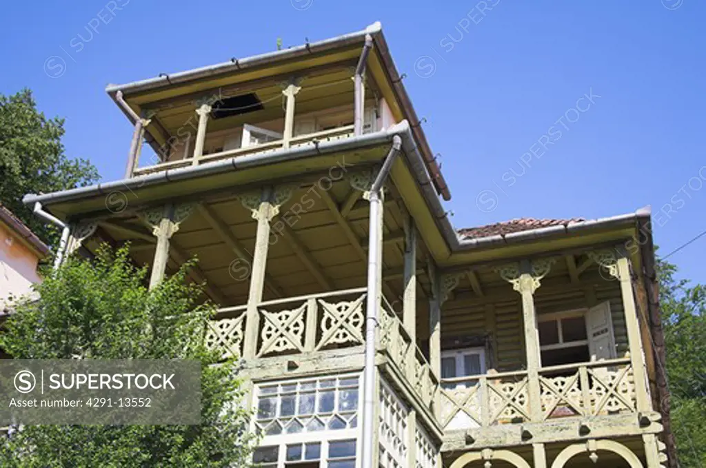 Wooden balconies on traditional Transylvanian house in Romania