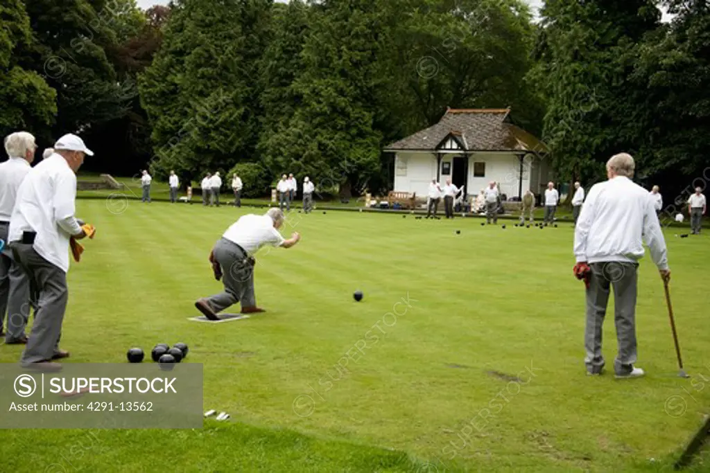 Men playing bowls on the green in Country Durham