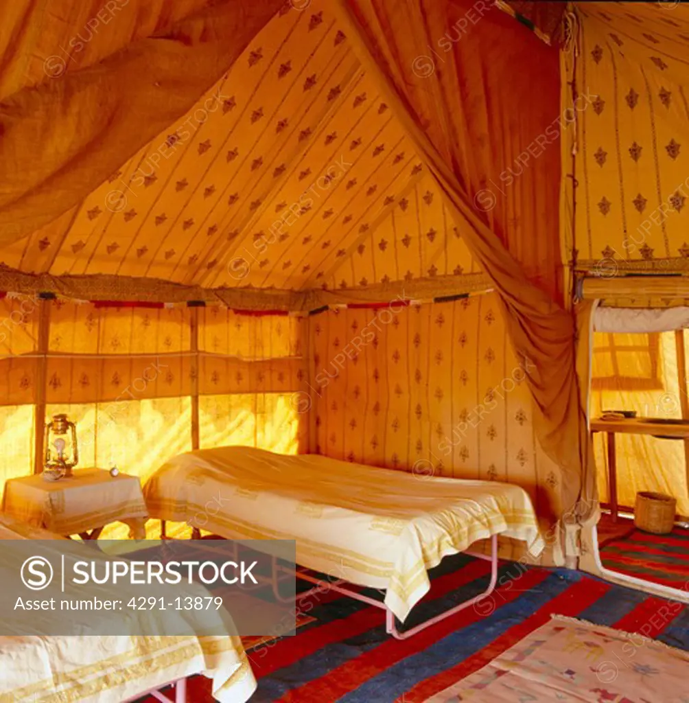 Simple beds in traditional Rajastani tent at Nagaur Fort in Rajastan