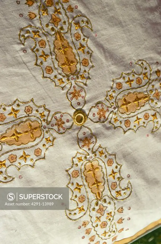 Close-up of intricately gold embroidered traditional Rajastani cushion