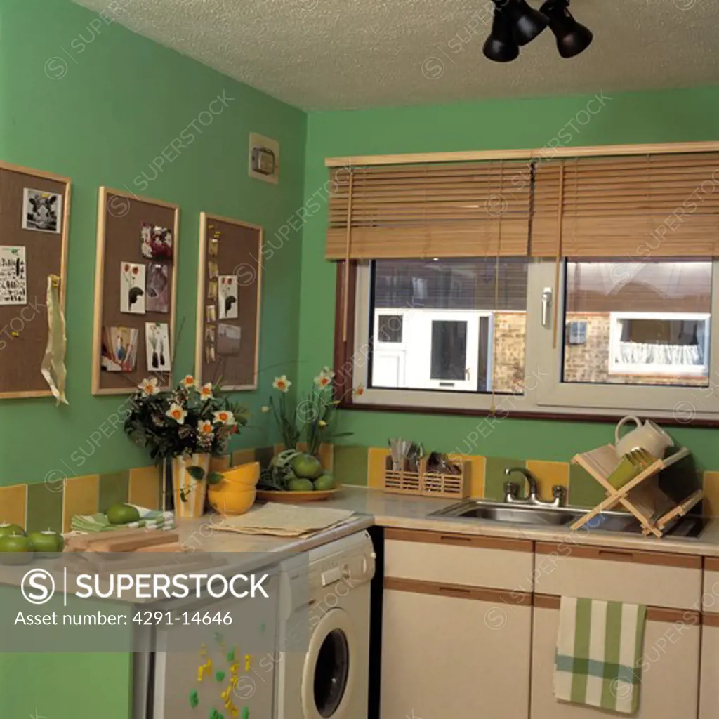 Wooden Venetian blinds on window above sink in green economy kitchen with dishwasher and washing machine