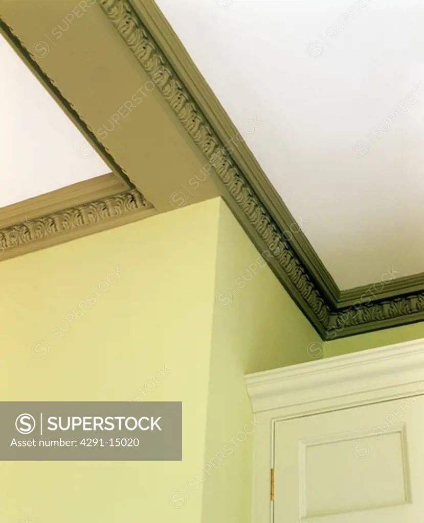 Close-up of painted green cornice