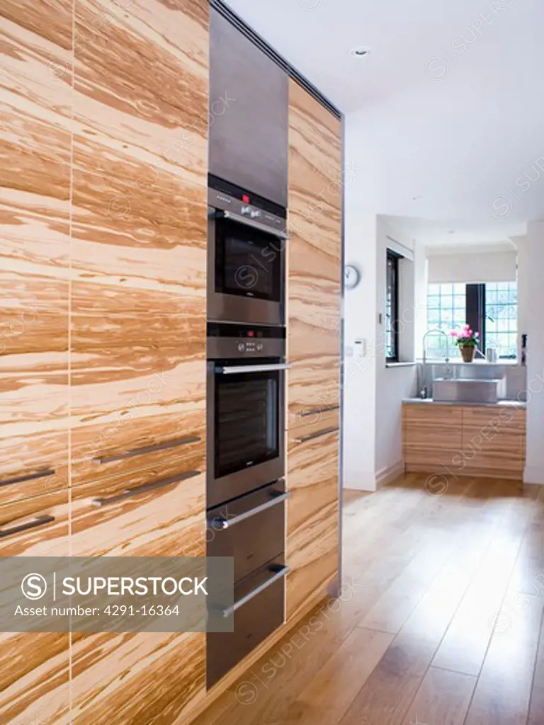 Wood veneer units with fitted double oven in modern kitchen