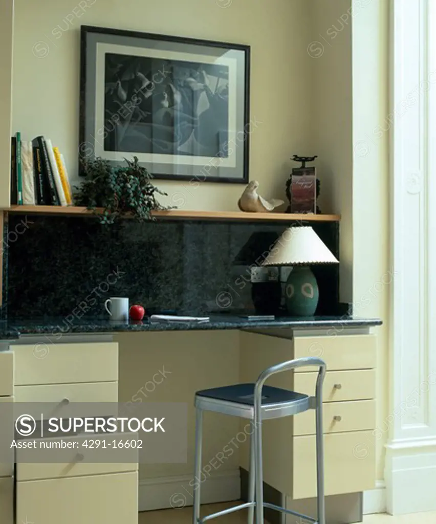 Stool and fitted desk in small study