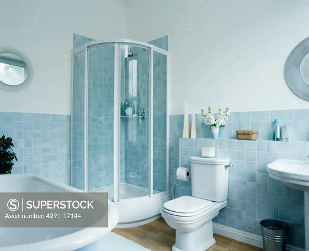Blue and white bathroom with corner shower cubicle