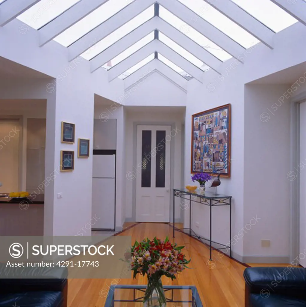 Glass apex roof in modern white hall