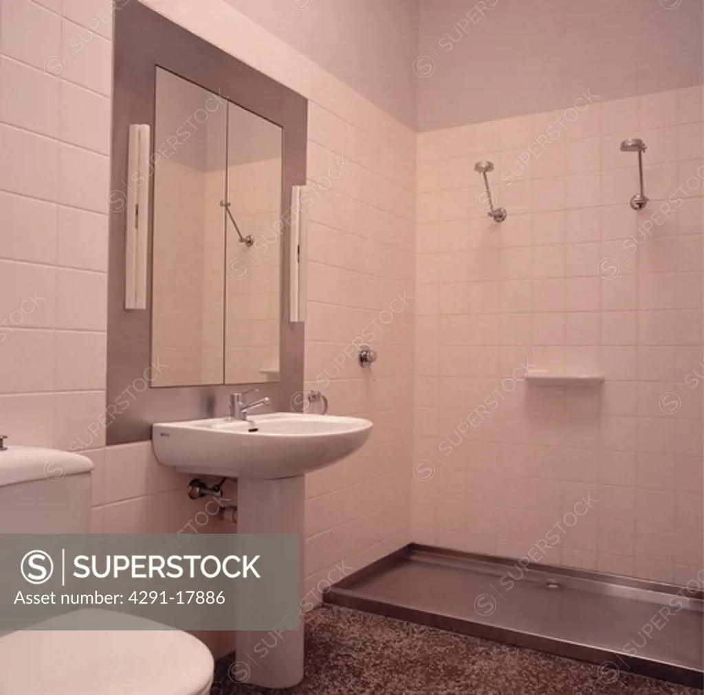 White tiled architectural bathroom with open shower and grey paintwork