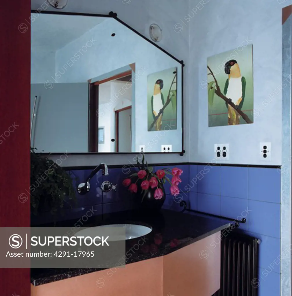 Angular mirror above underset basin in black and pink vanity unit in modern blue bathroom