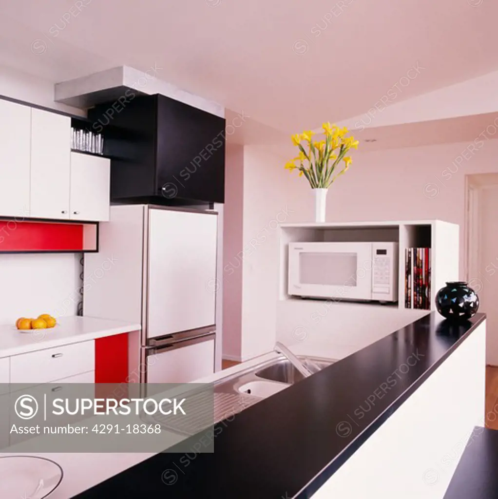Modern white kitchen with black detailing