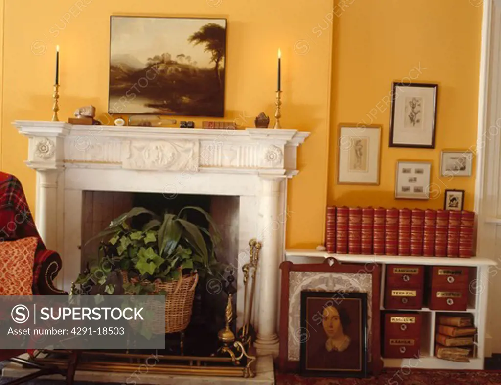 Leather-bound books on low shelves beside marble fireplace with green houseplants in basket in yellow living room with oil painting above mantelpiece