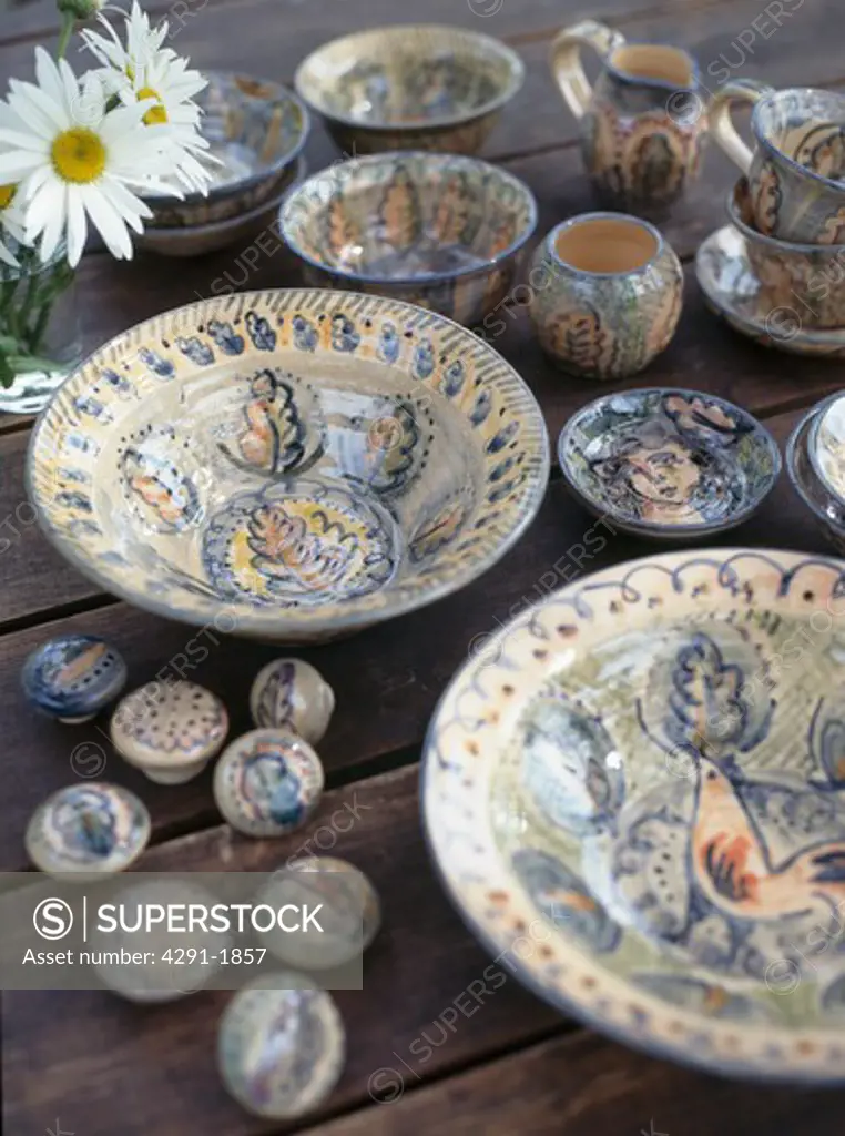 Close-up of hand-made decorated bowls