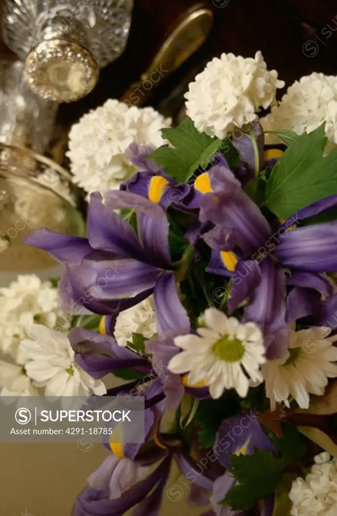 Close-up of floral arrangement of white daisies and blue irises