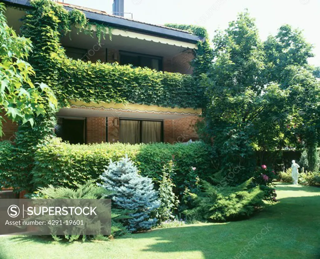 Low brick built house withivy covered balconies in a sunny garden with lawns and dwarf conifers
