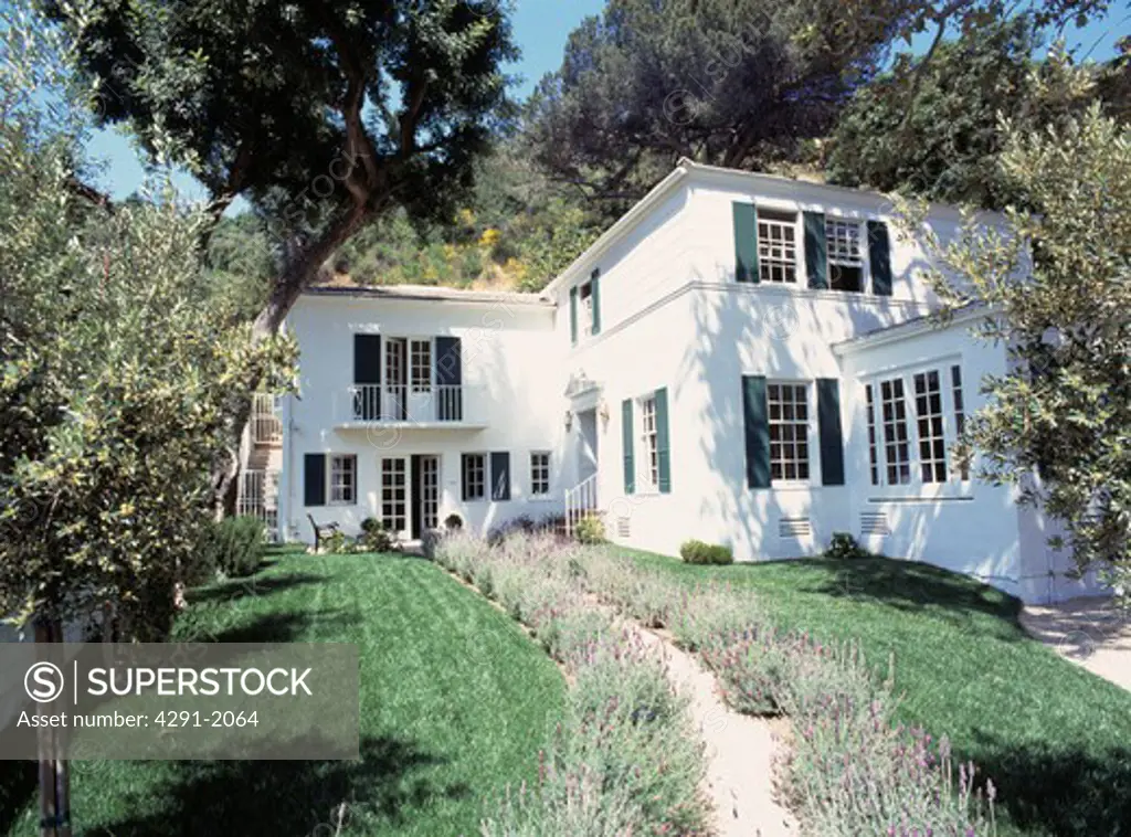 Lavender-edged path through lawn to white thirties house in California