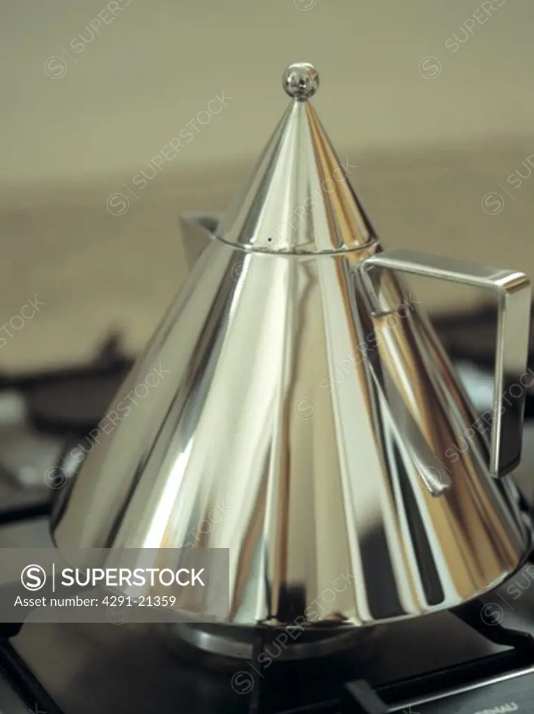 Close-up of stainless steel Conico kettle designed by Aldo Rossi for Alessi