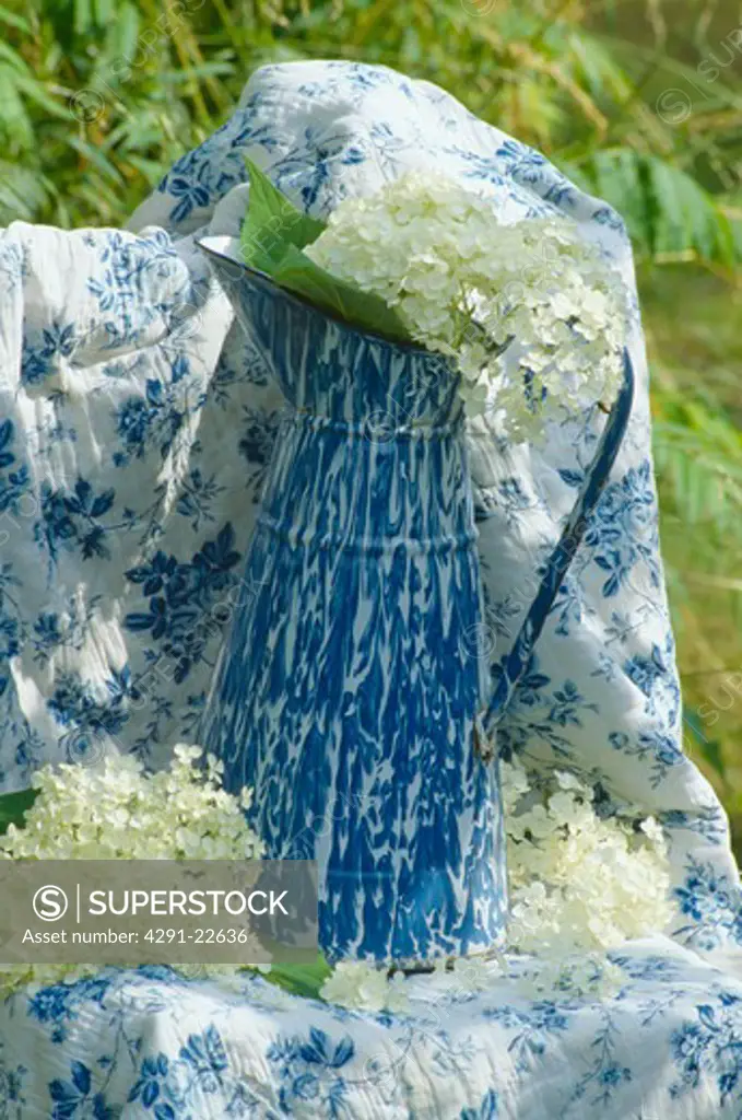 Still-life of white hydrangea flowers in tall blue and white enamel jug aginst background of blue and white floral fabric