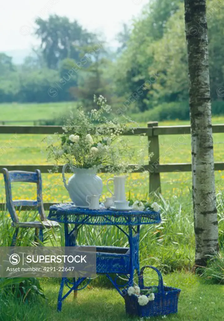 White cow parsley in white jug on blue wicker table in country garden with view of field