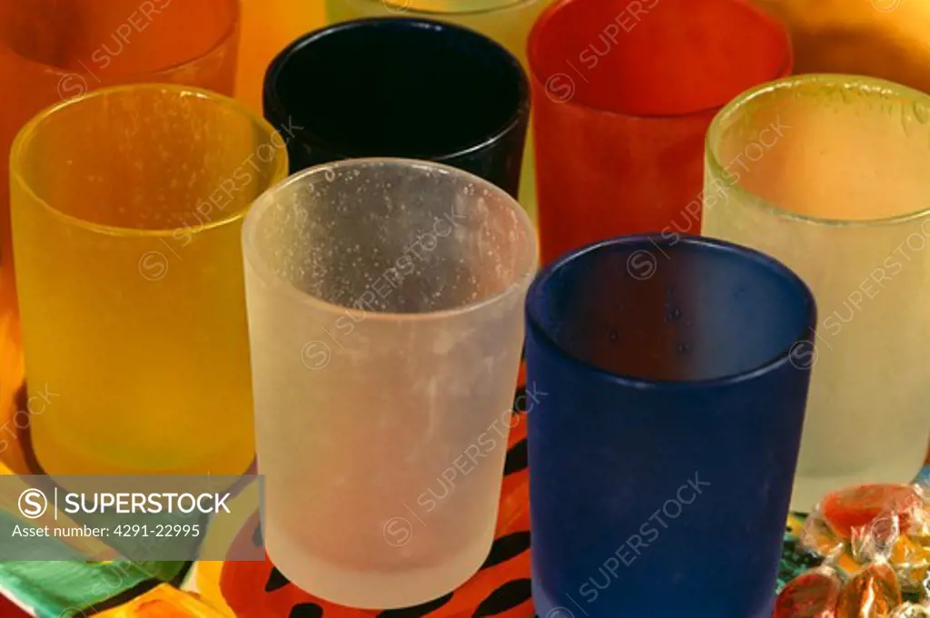 Close-up of colourful opaque glasses