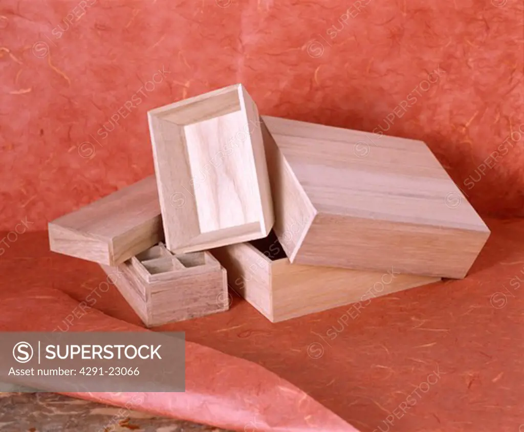 Close-up of unpainted natural wood boxes