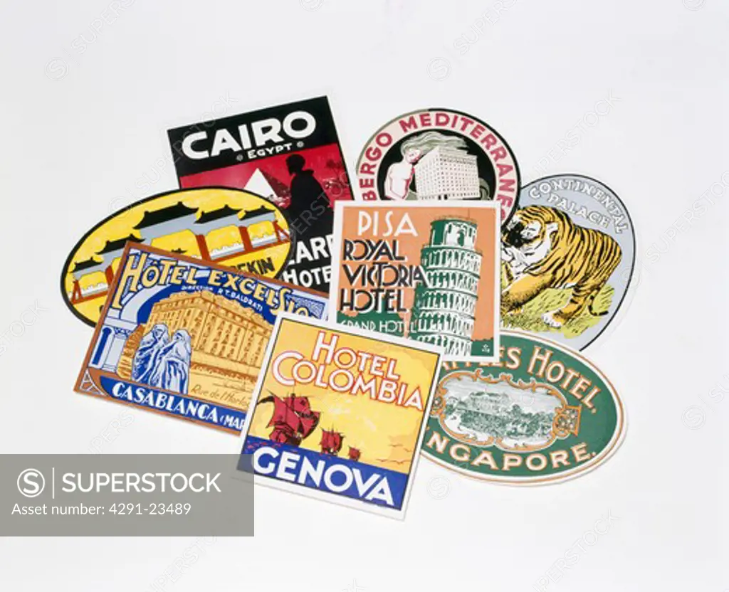 Collection of old-fashioned luggage labels