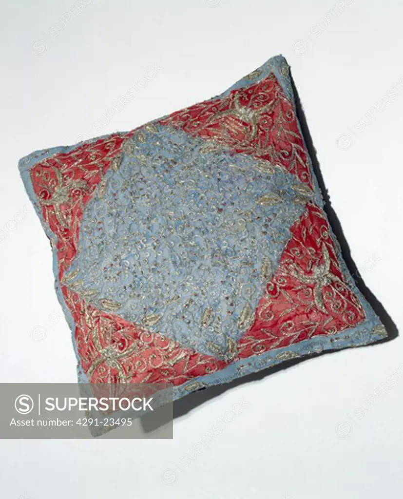 Blue and red square silk cushion with gold ethnic embroidery and beadwork