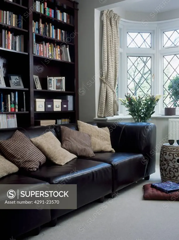 Black leather sofa with cream cushions in front of black bookshelves in modern livingroom