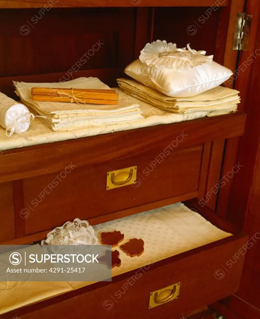 Close-up of storage drawers with white linen