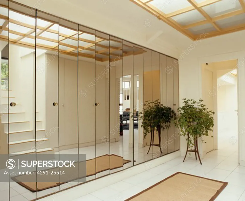 Mirror glass wall in modern white hall