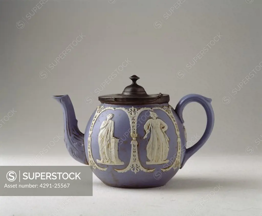 Close-up of antique blue and white Jasper-ware Wedgewood teapot