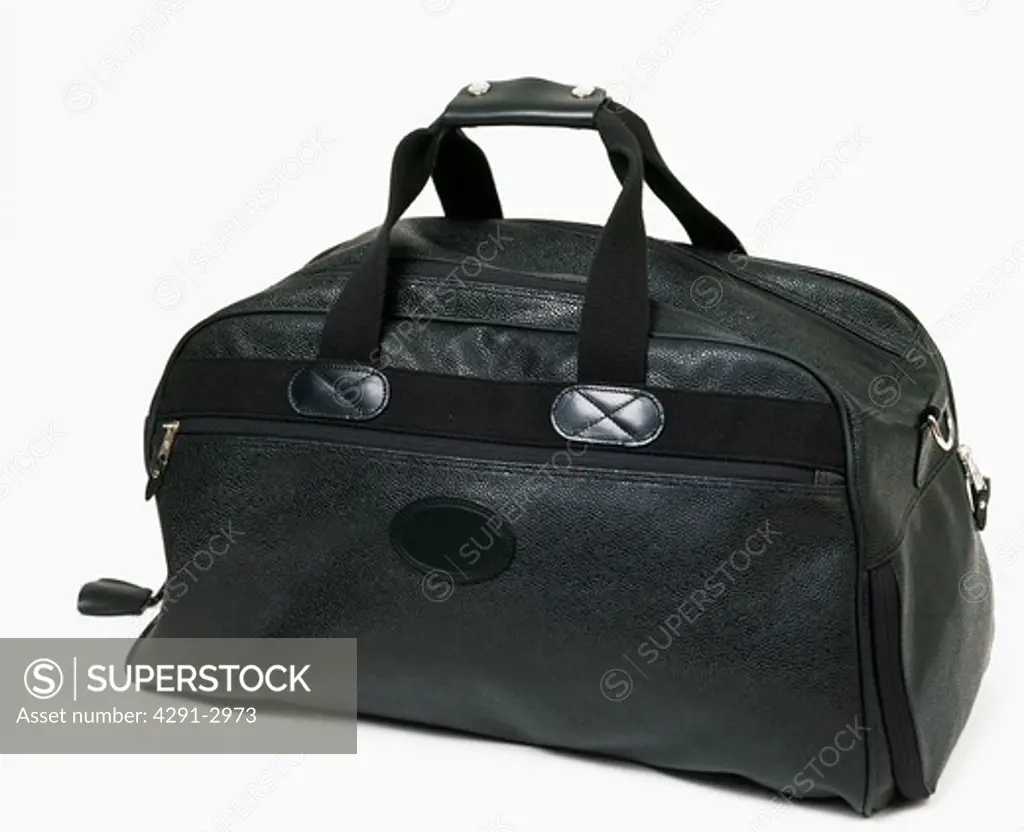 Close-up of black leather holdall bag