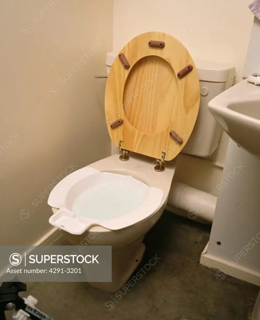 Close-up of toilet with seat up