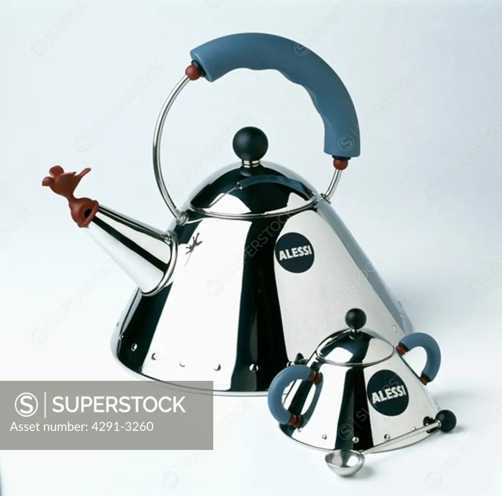Alessi chrome whistling kettle and suggar bowl