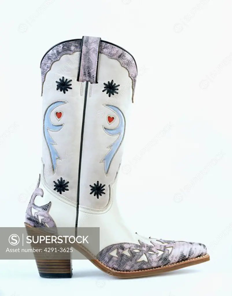 Close-up of appliqued leather cowboy boots