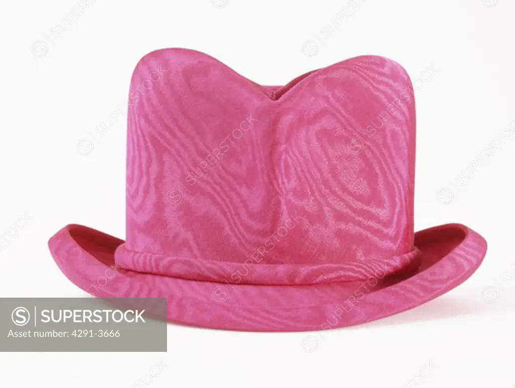 Close-up of woman's pink moire silk Bowler hat