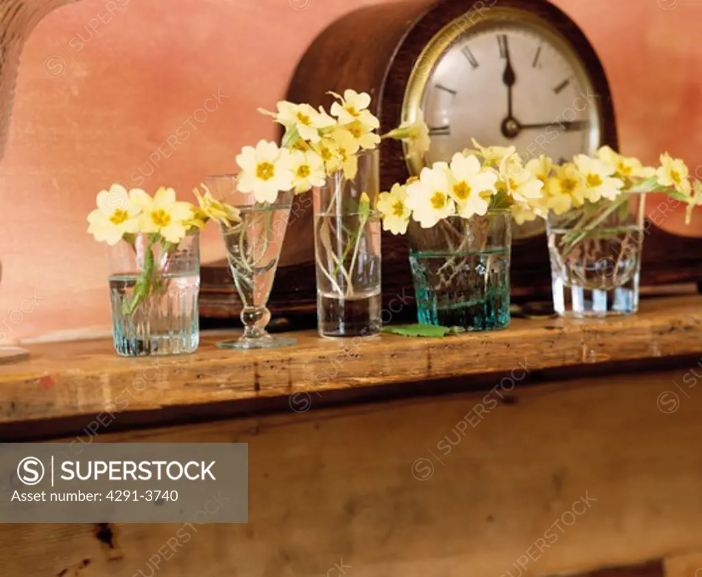 Close-up of yellow primroses in glass vases