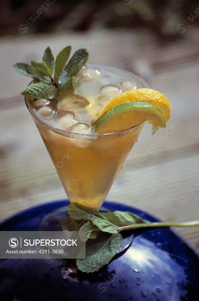 Close-up of home-made lemonade in glass with sprig of mint and slices of lemon and lime