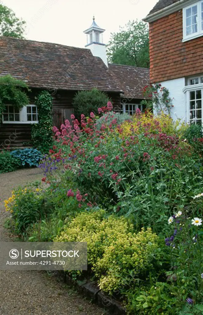Colourful flowering plants in garden border of traditional country house in summer