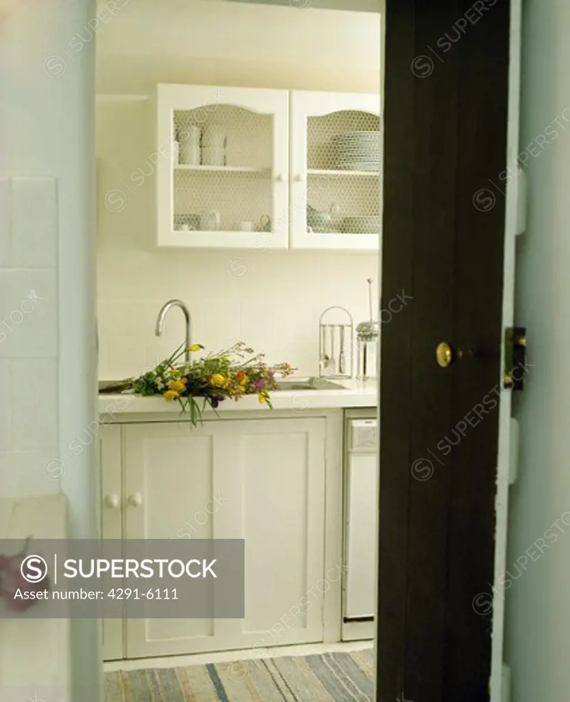 Door open to white traditional kitchen