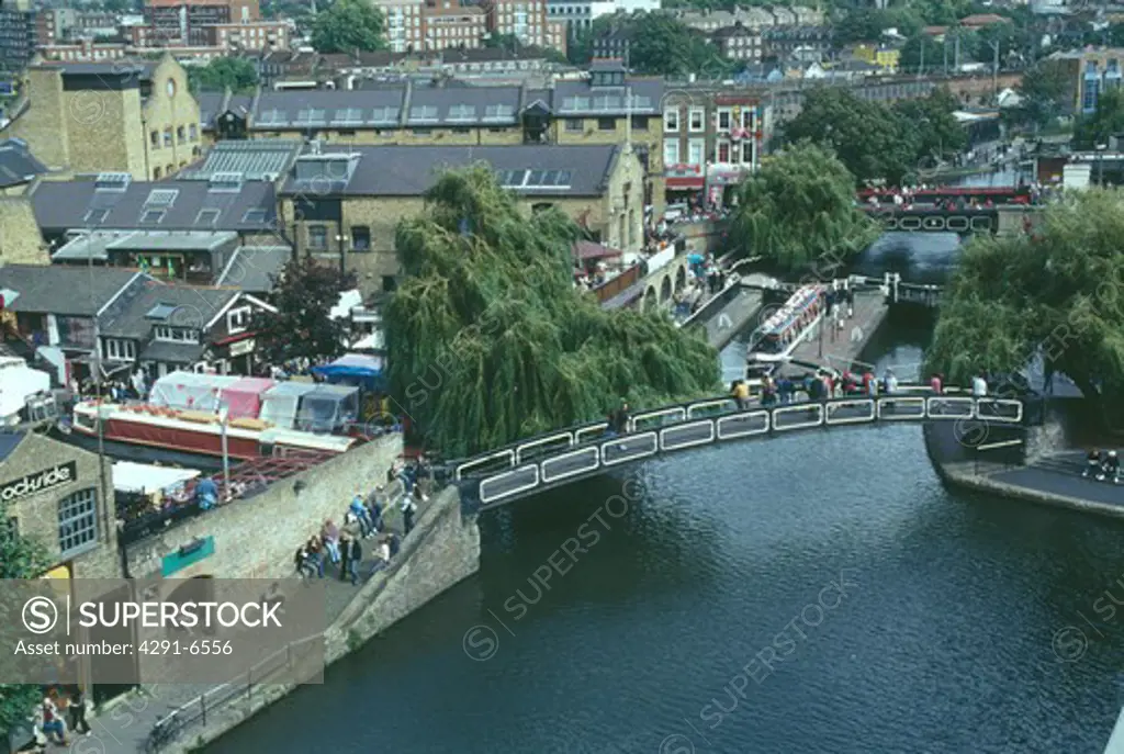 Aerial view of the Regent Canal and bridge in Camden Town in North London
