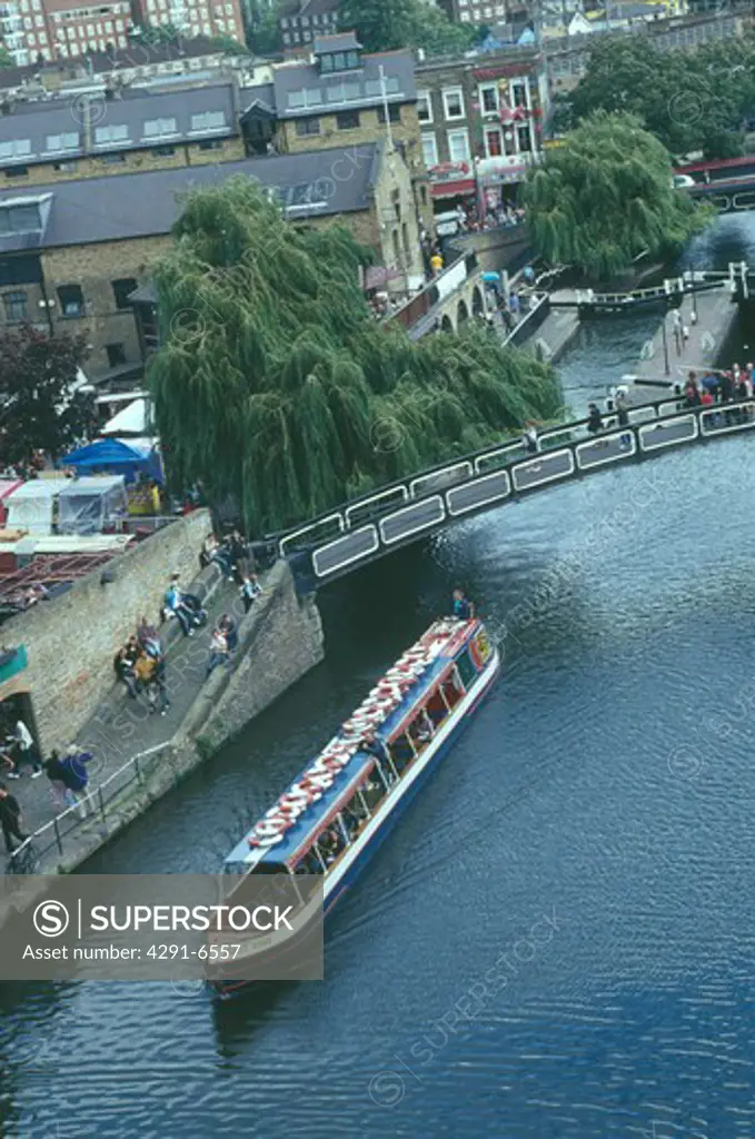 Aerial view of leisure boat on Regent Canal in Camden Town in London