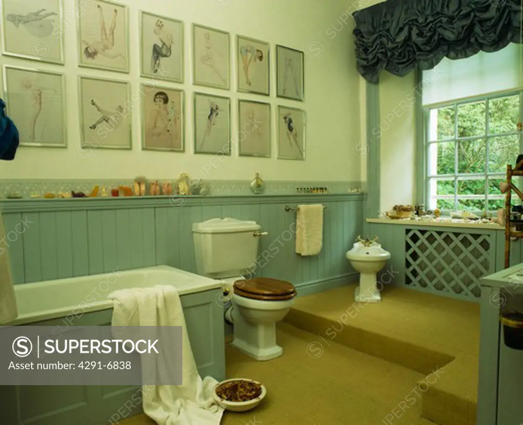 Pictures above turquoise tongue and groove panelling in country bathroom