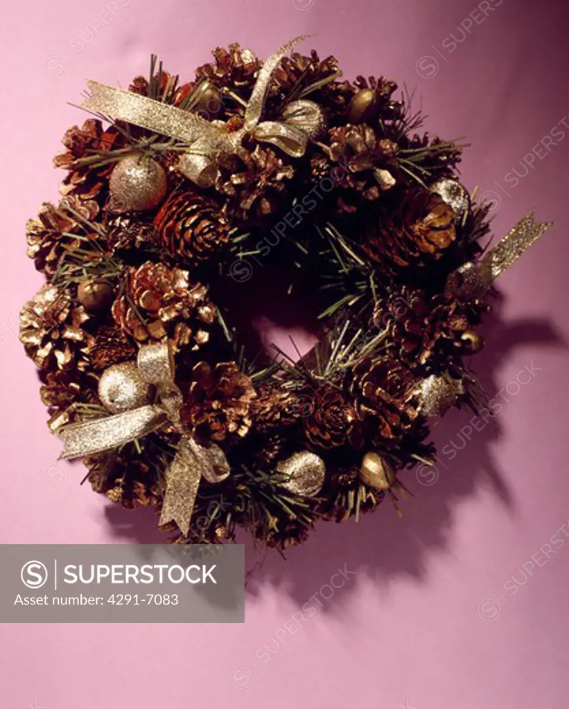 Close-up of dried flower and pinecone wreath