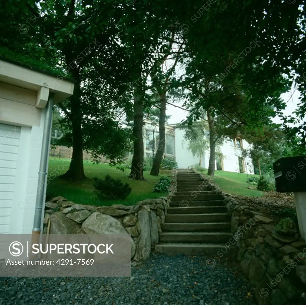Stone steps through trees to white country house
