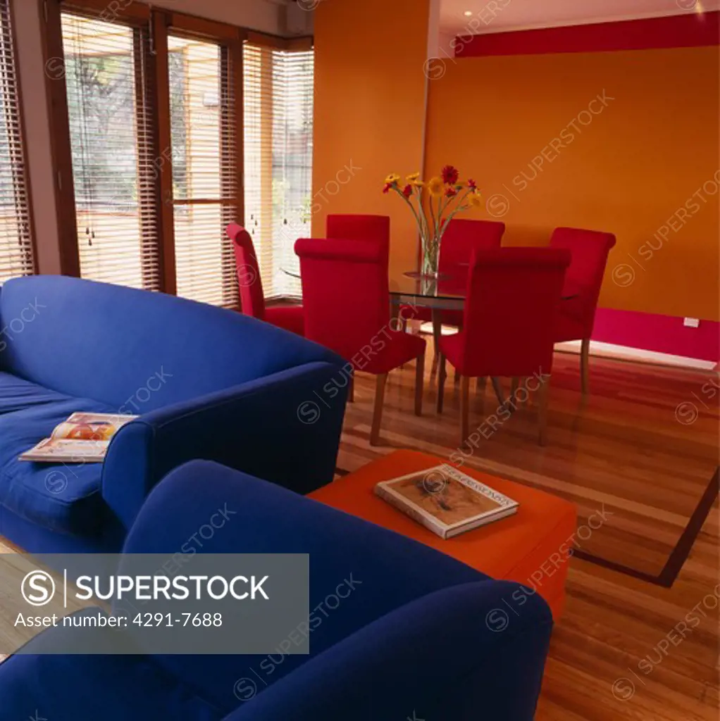 Blue sofa in modern living dining room